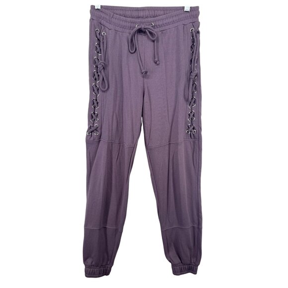 Romeo + Juliet Couture Womens Sweatpants Sz M Purple Joggers Lace-Up Boho Hippie - Picture 1 of 11